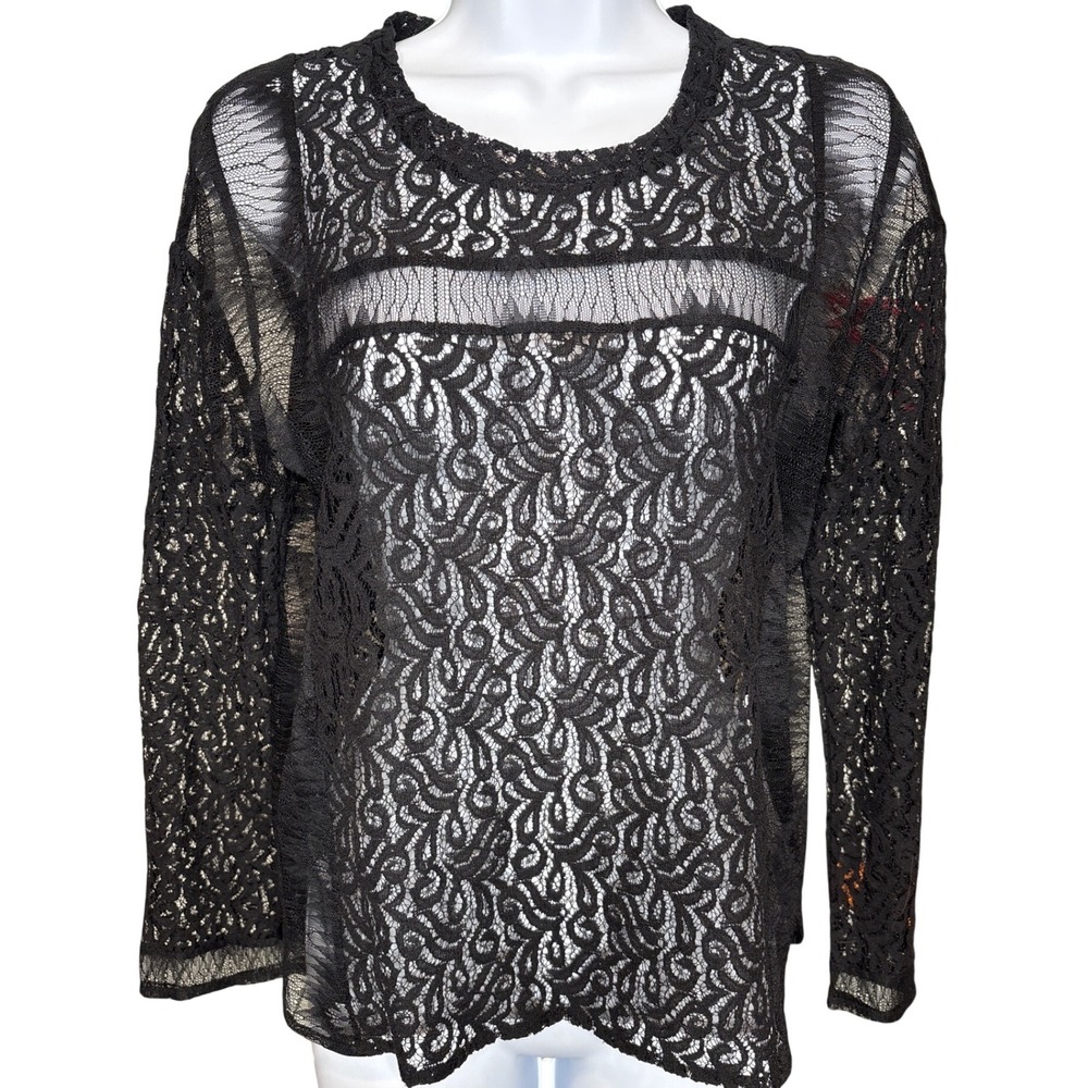 Maje Womens Black Sheer Floral Lace‎ Long Sleeve Top Sz 1/S Gothic Parisian Chic